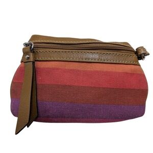 Liz Claiborne Striped Canvas Cosmetic Bag – Leather Trim Makeup Pouch